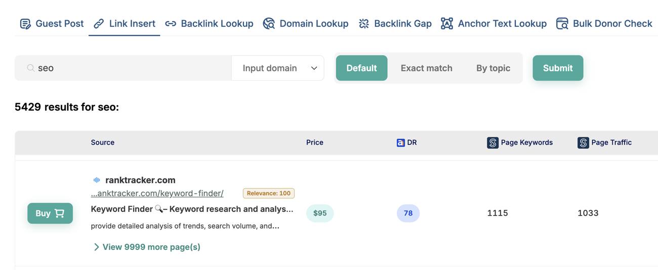 Link Insert: pages found by topic and relevance for a contextual link, with price, DR and traffic